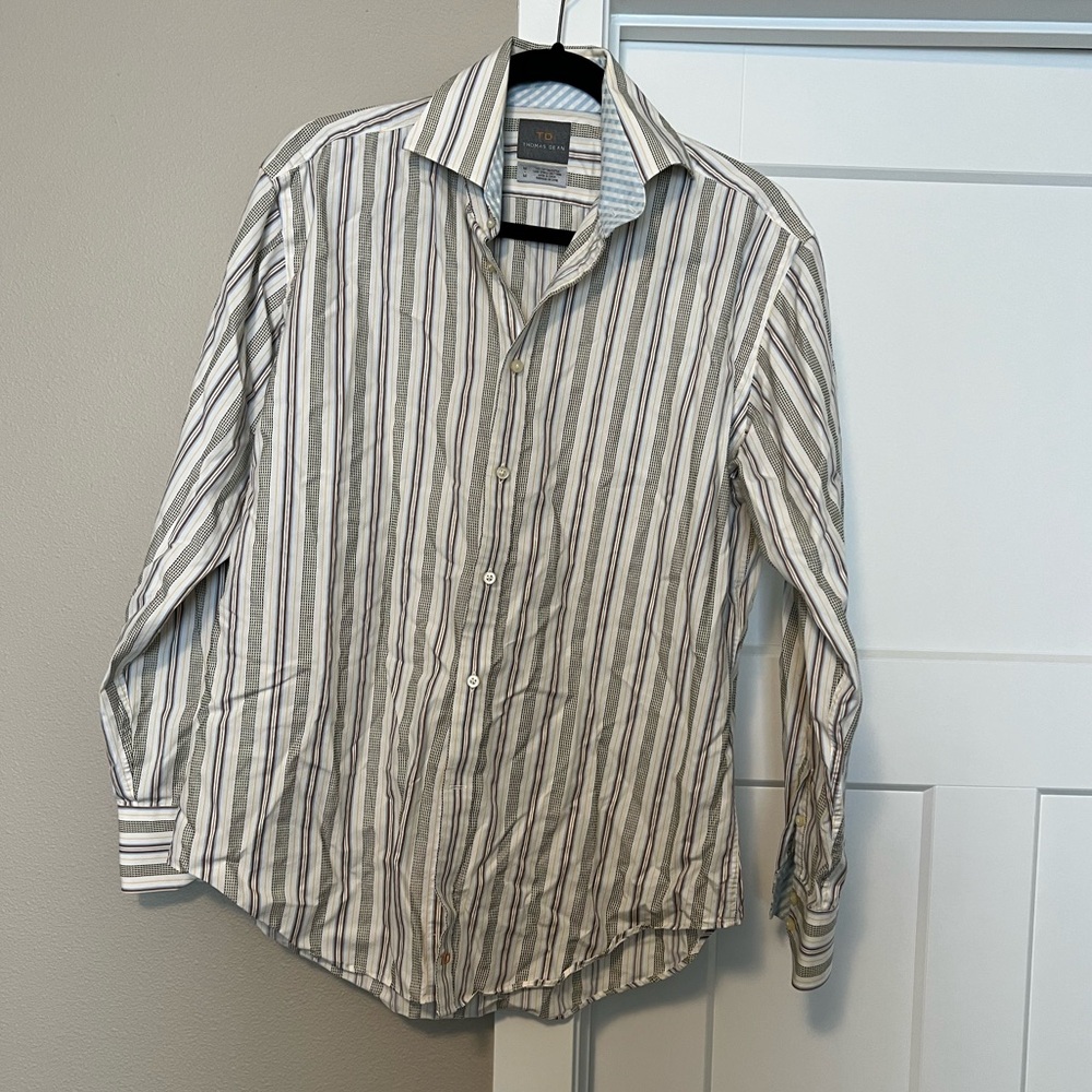 Thomas Dean White and Brown Casual Button Down Shirt